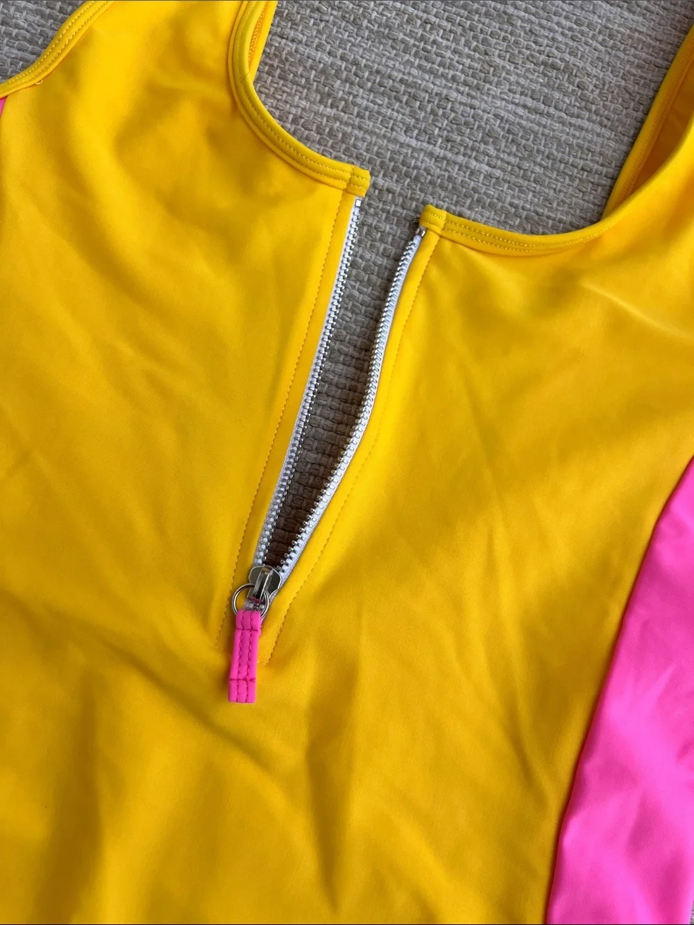 Lovers + Friends One Piece Swimsuit Sporty Color block Half Zip Yellow Pink M